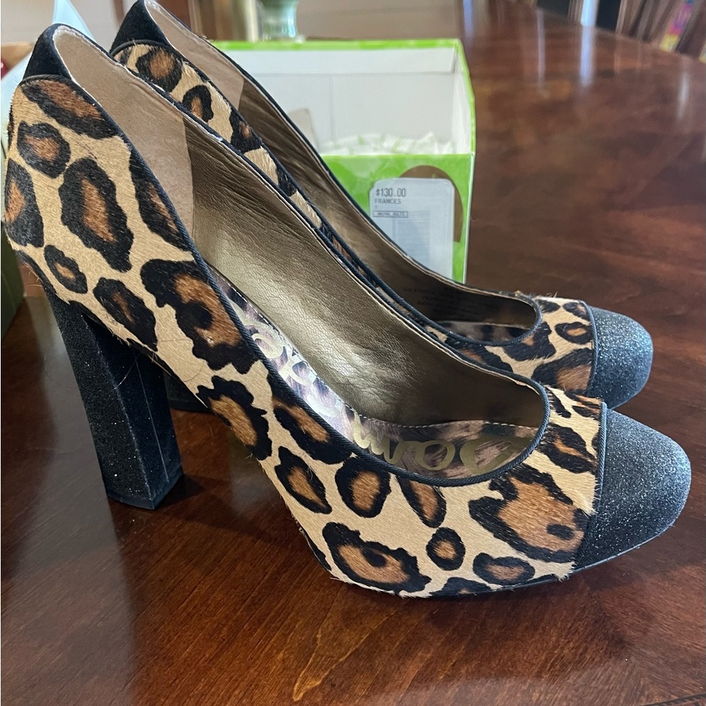 SAM EDELMAN - SEXY LEOPARD AND BLACK SHIMMER PLATFORM HEELS